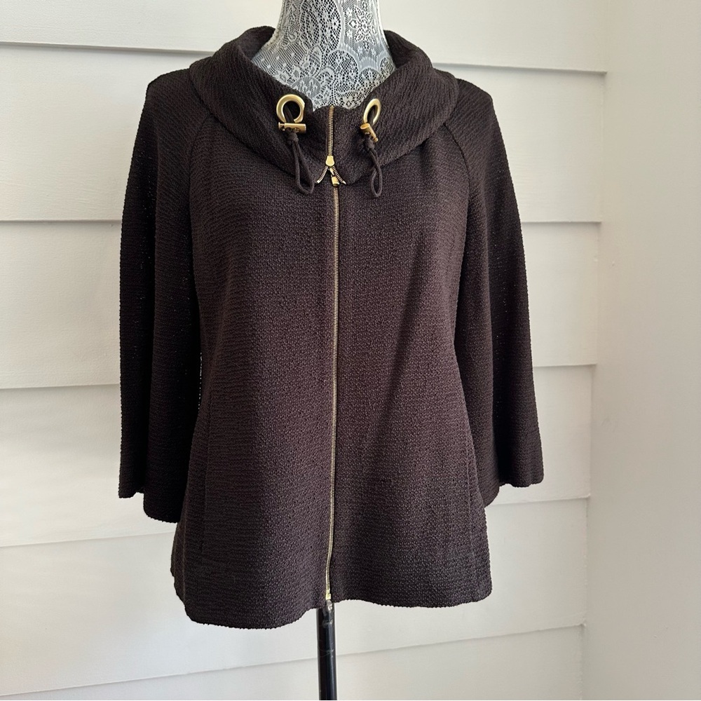 St. John Black Knit Zip Up Jacket with Gold Hardware size M made in USA - Picture 2 of 11